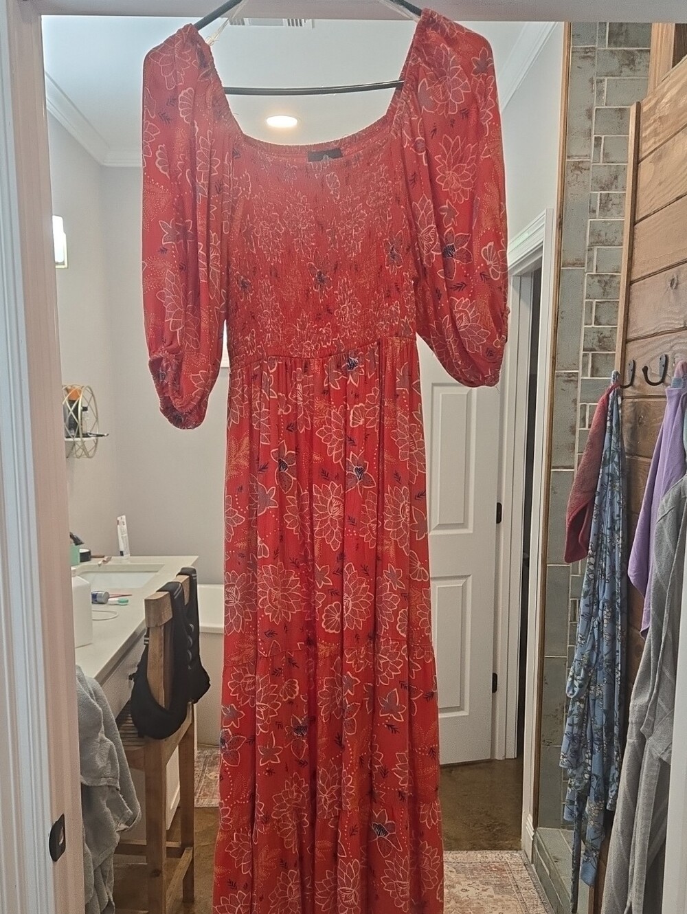 Angie Red Floral Maxi Dress with Puff Sleeves